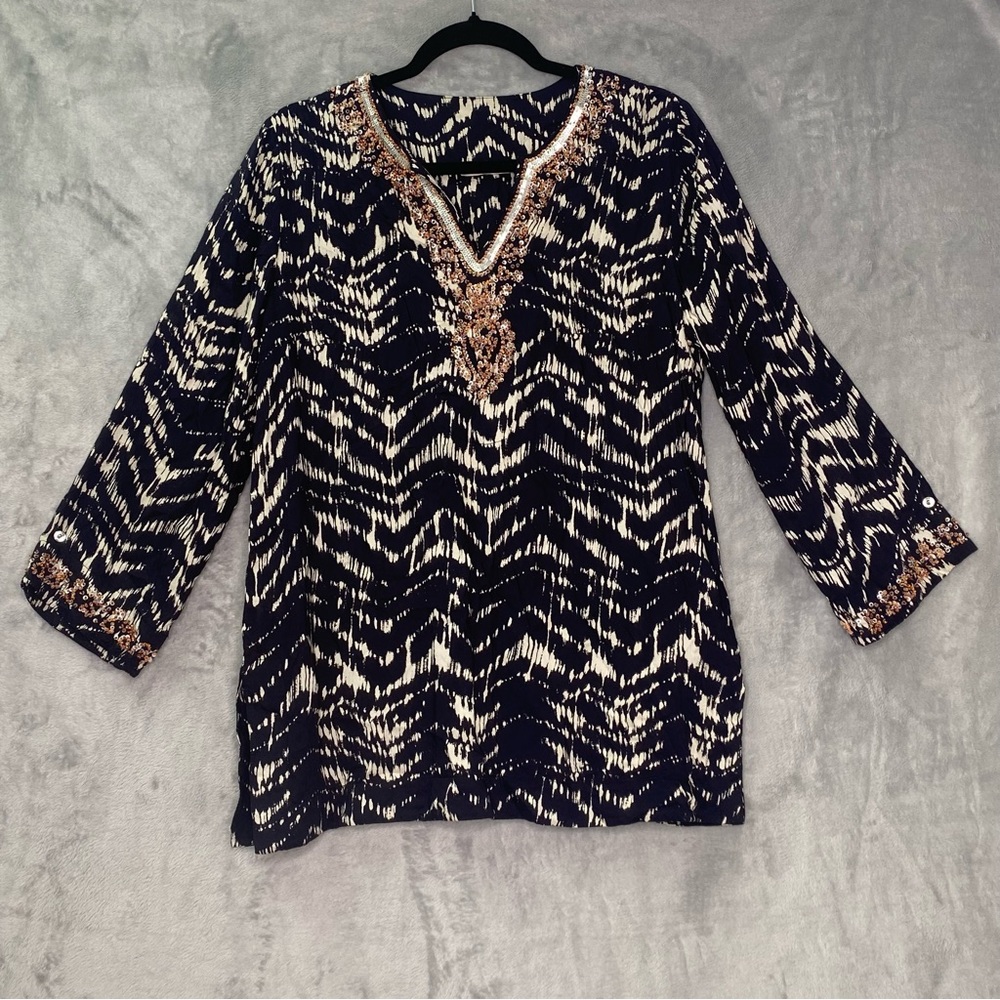 Soft Surroundings Akira Beads and Sequins Tunic Top Boho V Neck Sz L